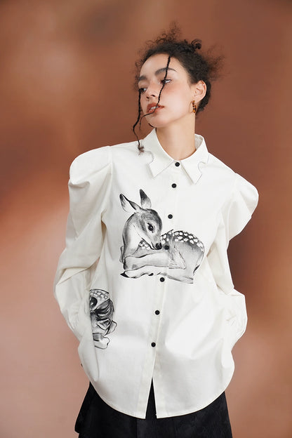 Hand-drawn illustration deer print irregular shirt B3383