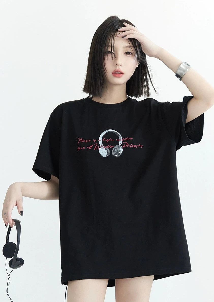 ヘッドフォンプリントルーズTシャツ　B2808