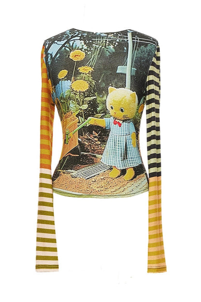 Kitty Garden Print Sleeve Stripe T-shirt B3591