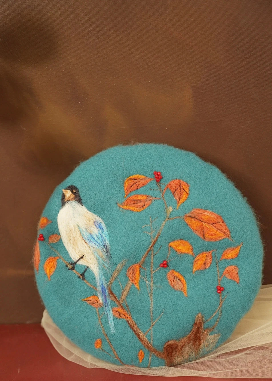 Handmade wool felt flower and bird pattern elegant beret B3402