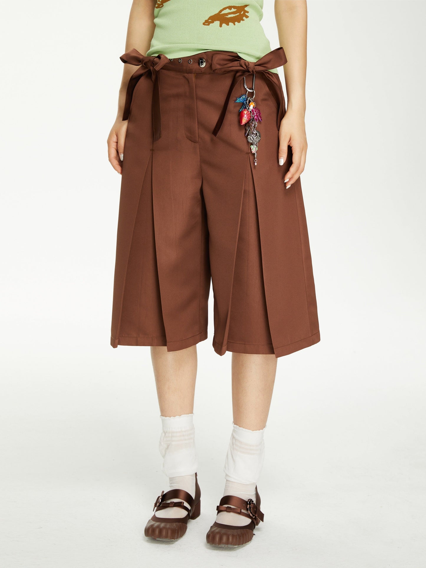 Bow pleated satin brown midi pants B3051