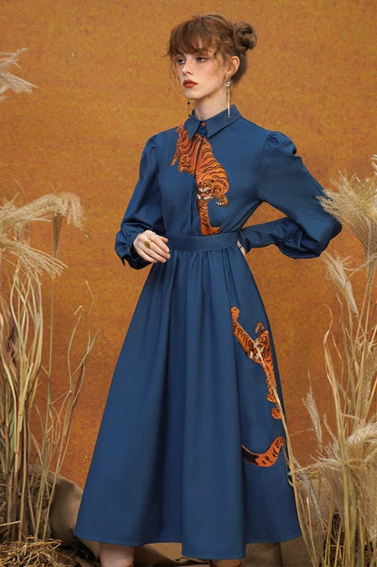 Twin tiger embroidered blue dress B3368