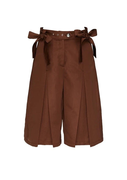 Bow pleated satin brown midi pants B3051