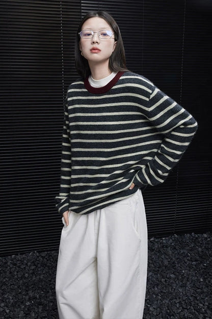 Grey apricot striped wool sweater B3438