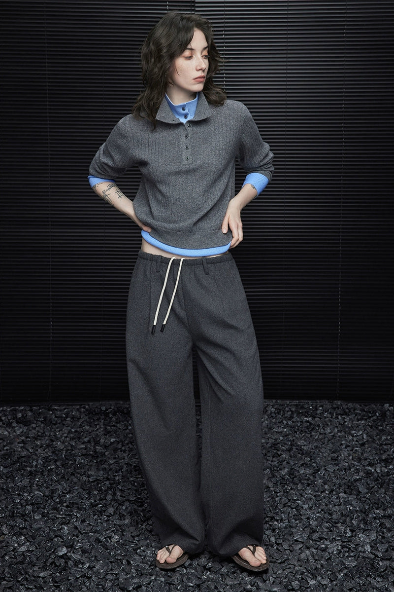 Gray wool blend straight wide loose pants B3568