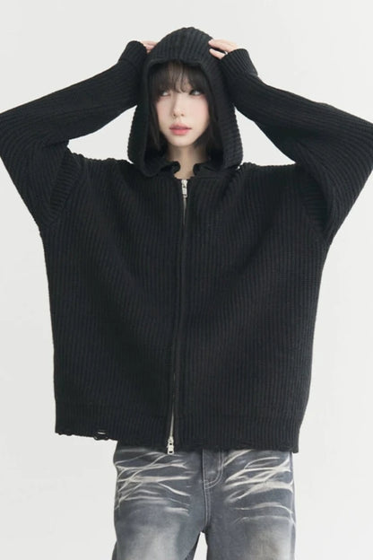 Loose hooded zipper cardigan B3500