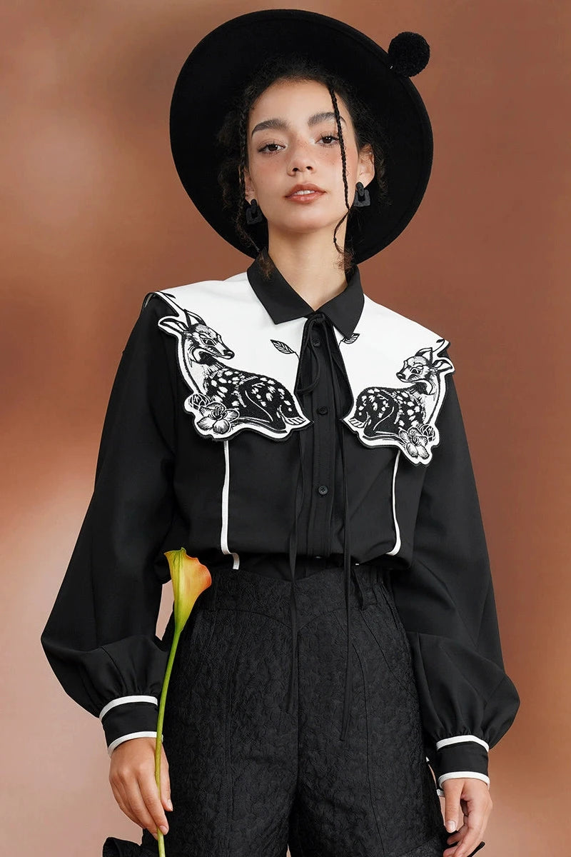 Moonlight Deer Embroidery Retro Fake Collar Blouse B3385 