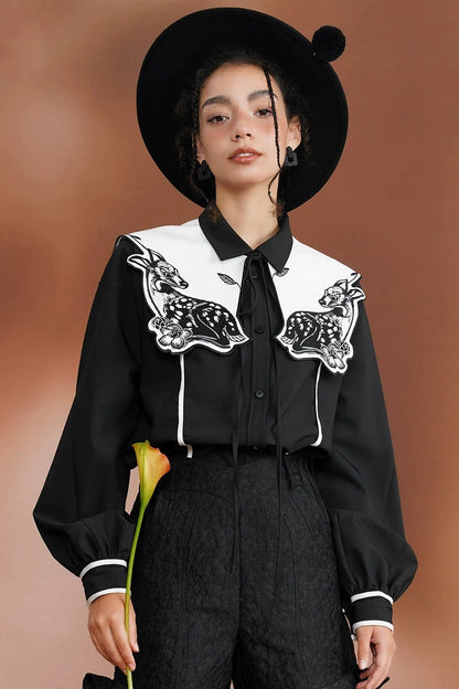 Moonlight Deer Embroidery Retro Fake Collar Blouse B3385 