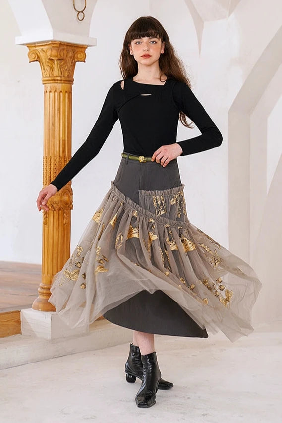 Ambreah hem embroidered tulle skirt B3281