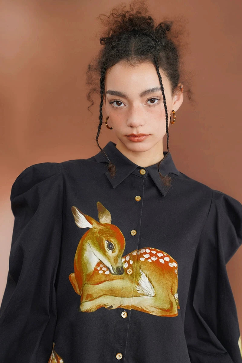 Hand-drawn illustration deer print irregular shirt B3383