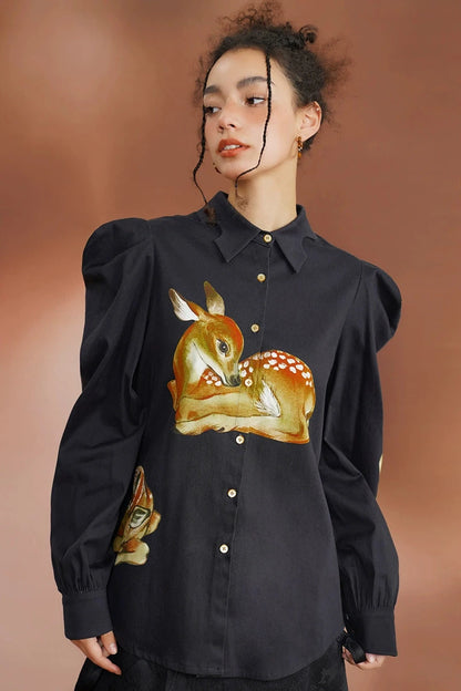 Hand-drawn illustration deer print irregular shirt B3383