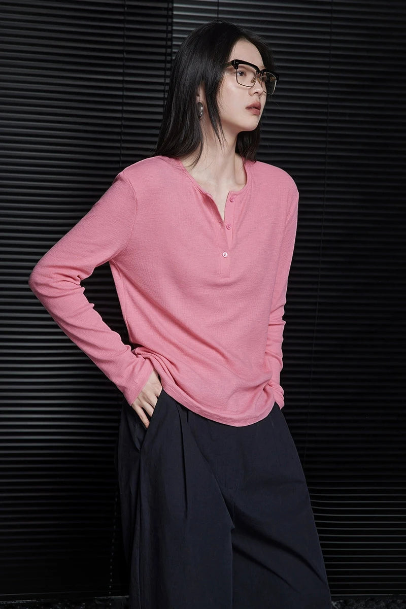 Pink slim knit long sleeve T-shirt B3306