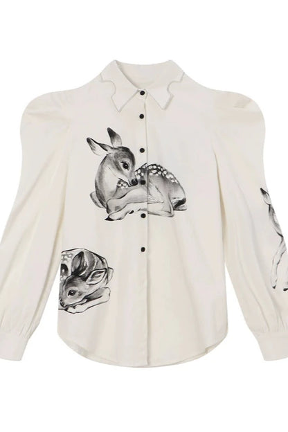 Hand-drawn illustration deer print irregular shirt B3383