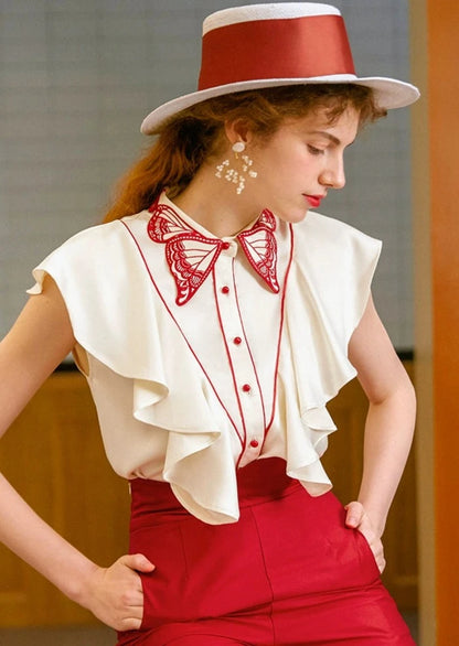 Butterfly embroidered collar sleeveless blouse B2918