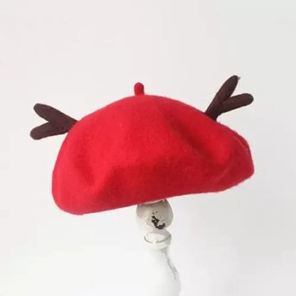 Handmade wool felt deer antler beret B3391