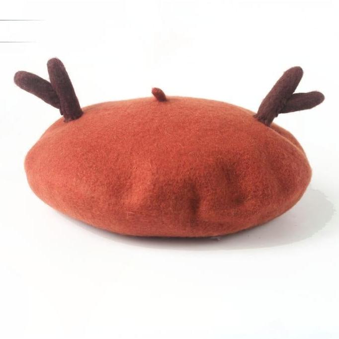 Handmade wool felt deer antler beret B3391