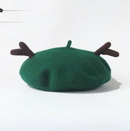 Handmade wool felt deer antler beret B3391