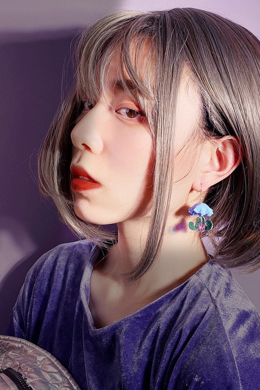 Asymmetrical color jellyfish motif polygon earrings B1021